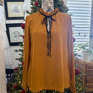 Mustard Yellow Blouse with Ruffle Tie Neck